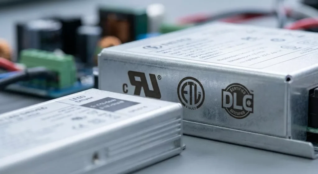 Close-up of LED drivers with UL, ETL, and DLC certifications marks, highlighting quality and safety standards for wholesale LED suppliers