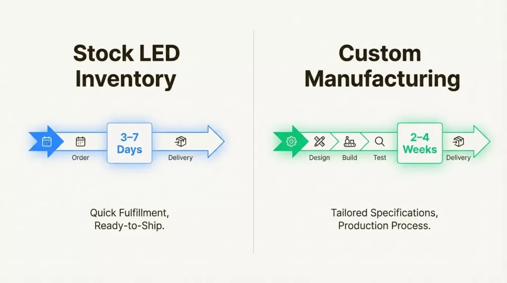 Comparison of stock LED inventory (3-7 days quick delivery) vs custom manufacturing (2-4 weeks design-build-test process) for wholesale LED suppliers