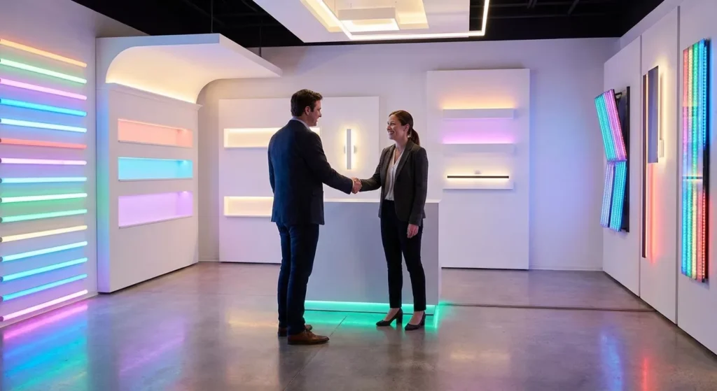 Professional business handshake in a modern wholesale LED lighting showroom with colorful linear LED strips and wall panels