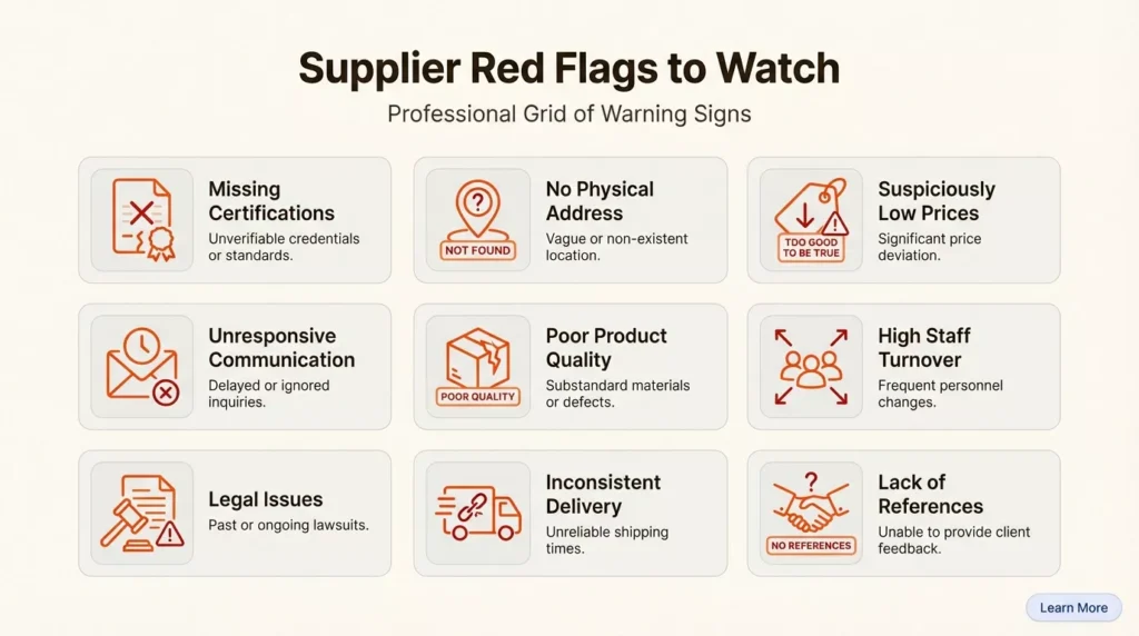 Grid of supplier red flags to watch for in wholesale LED business: missing certifications, suspiciously low prices, unresponsive communication, poor quality, no references, and more