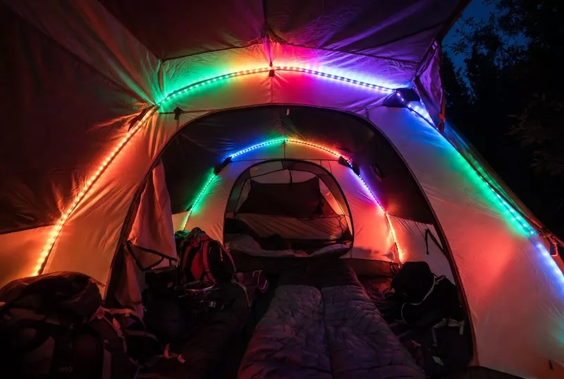 Add portable, vibrant RGB LED strip lights inside tents and campsites for cozy, colorful lighting that enhances every outdoor adventure and glamping setup